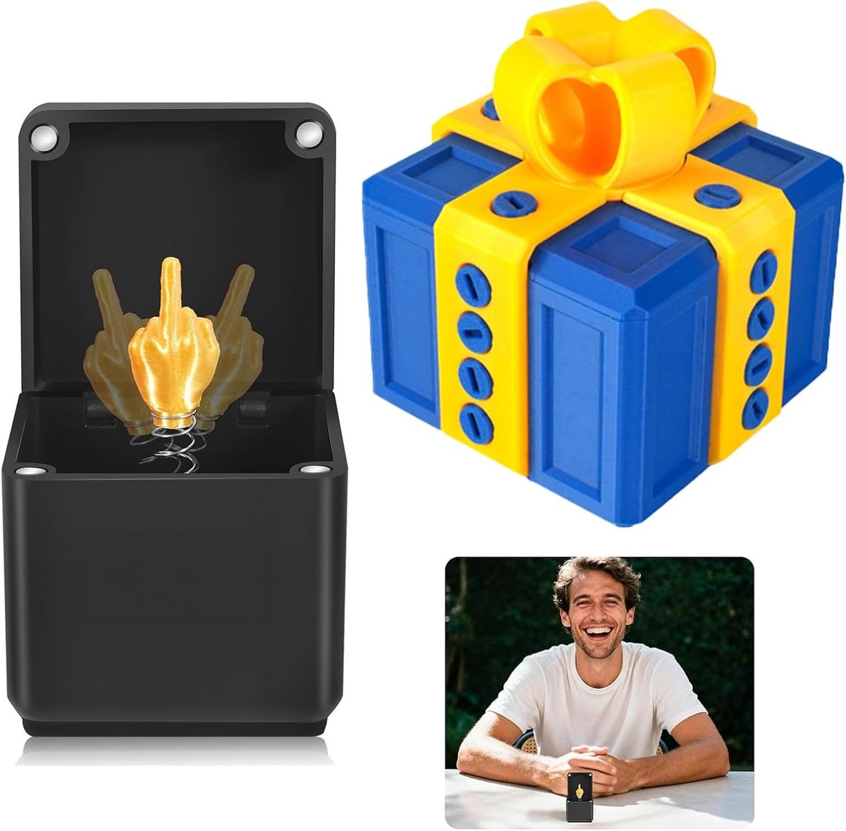 SnelShoppen - Geschenkdoos voor de middelvinger, grappige bureaudecoratie, unieke verrassing, handslagcadeau, creatief ontwerp, blauw en geel, perfect