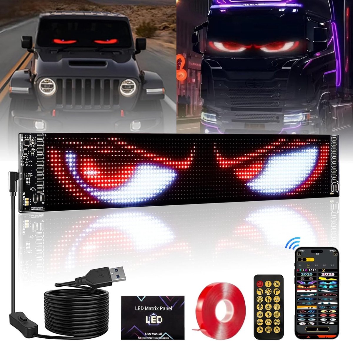 LED ogen voor auto en truck - programmeerbaar display - smartphone app bediening - unieke tekst en ontwerpen - SnelShoppen