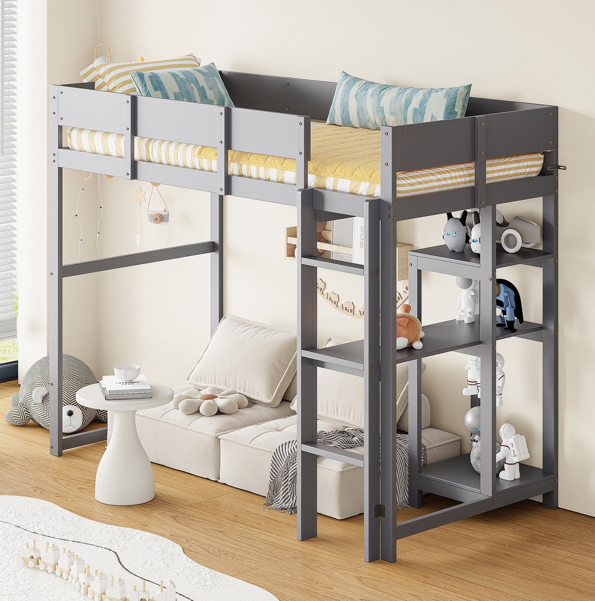 REDOM - Hoogslaper met opbergrek - Massief grenenhouten bedframe met lattenbodem en beschermrails - Kinder- en jeugdkamer - 90 x 200 cm