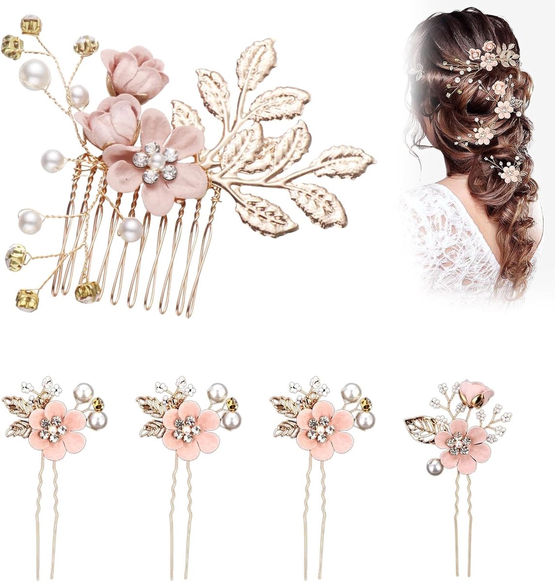 SnelShoppen - Aililong Haaraccessoires voor Bruiden (5 Stuks) - Elegante Haarspeldjes met Rozen, Parels en Strass, Voor Bruiden, Dames en Gasten op Bo