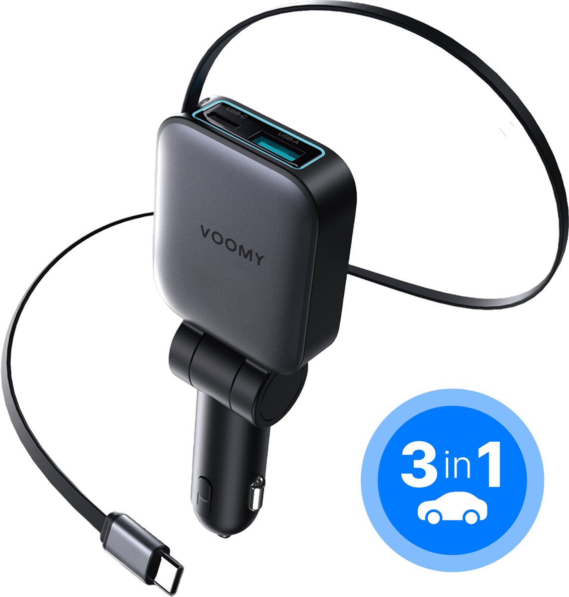 Voomy 3-in-1 Autolader - USB-C 72W - Snellader met Ingebouwde USB-C Kabel 75 cm - Auto Oplader USB C & USB A - 3 Aansluitingen - 12V/24V Sigarettenaansteker - 180° Draaibaar