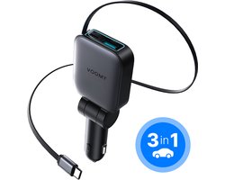 Voomy 3-in-1 Autolader - USB-C 72W - Snellader met Ingebouwde USB-C Kabel 75 cm - Auto Oplader USB C & USB A - 3 Aansluitingen - 12V/24V Sigarettenaansteker - 180° Draaibaar