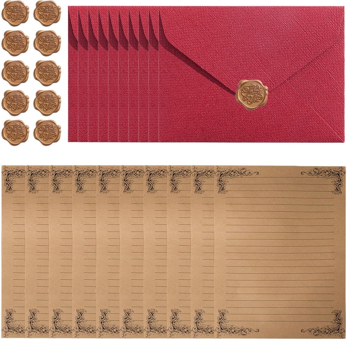 SnelShoppen - Vintage Stationery Set - 10 Retro Enveloppen, 10 Briefpapier, 10 Was Stickers - Uitnodiging Stationery voor Feesten en Speciale Gelegenh