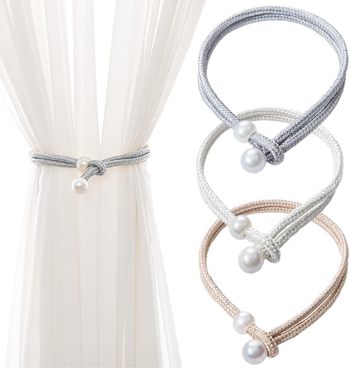 12 Pcs Curtain Tie Backs Rope, Adjustable Tie Backs with Pearl Curtain Rope Buckle Cord Holders Modern Simple Style - ShopVlot