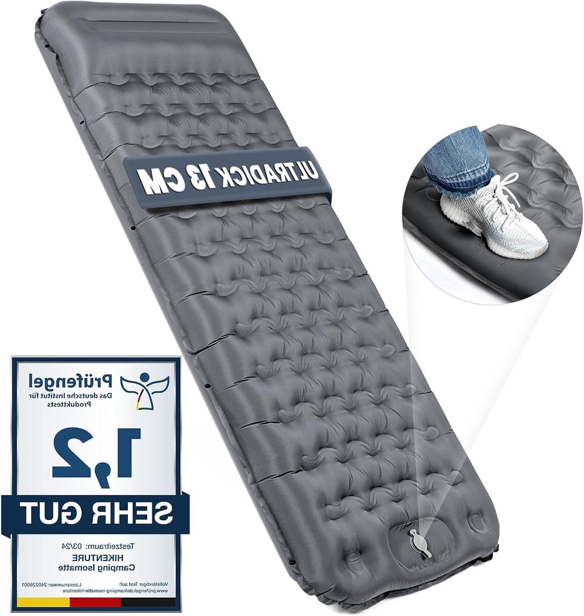 Zelfopblazende Slaapmat - Luchtbed Camping - Buiten Slapen - 13cm Ultradik Comfort - 200x66cm - Grijs