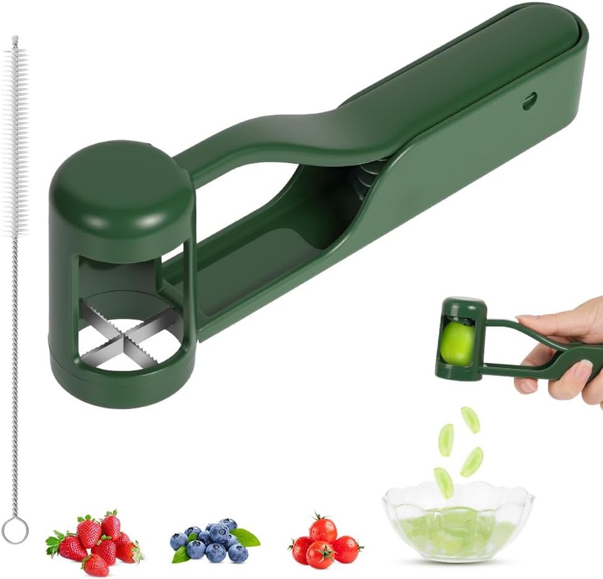 SnelShoppen - Grape Slicer - Kleine Fruit Cutter voor Druiven, Cherrytomaten en Bessen - RVS Keuken Gadget met 1 Stuk Schoonmaakborstel - Groene Kleur