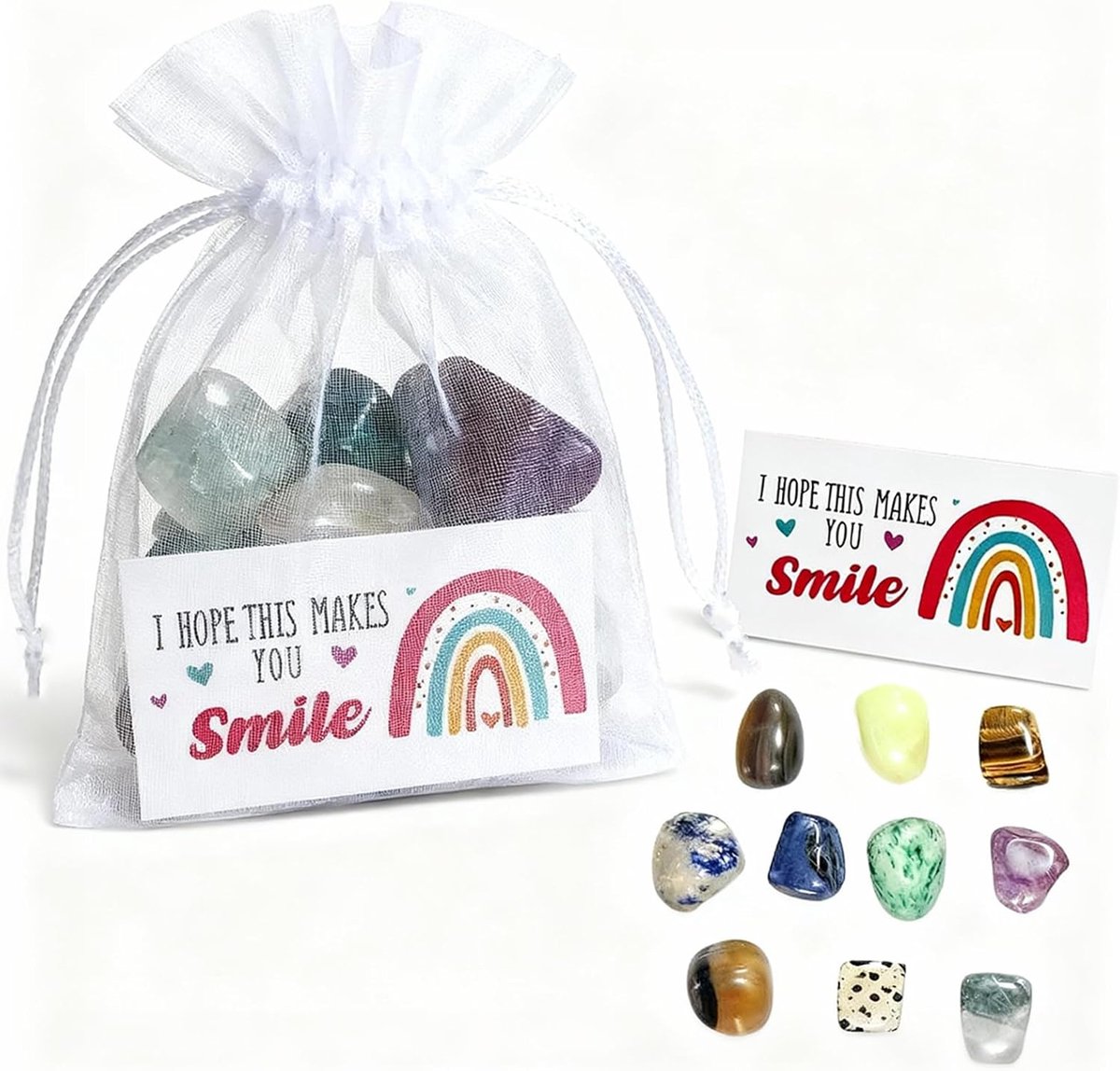 SnelShoppen - Set van 10 Kinder Glow Stones, Kleurrijke Geluksstenen met Regenboog Wenskaarten en Organza Tas, Bewaaraccessoires voor Verjaardagsfeest