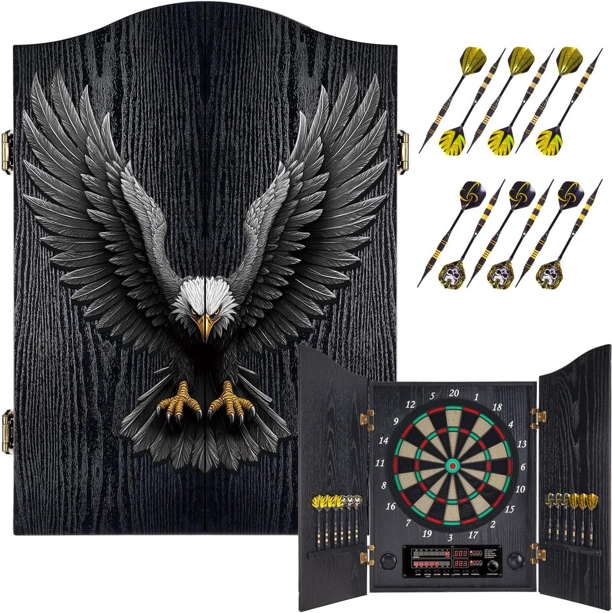 SnelShoppen - Elektronisch Dartbord, Decoratief Dartbord met Kast, 12 Bronzen Soft Tip Pijlen, Cricket Speelmodus, Professionele E-Dart Schijf met Hou