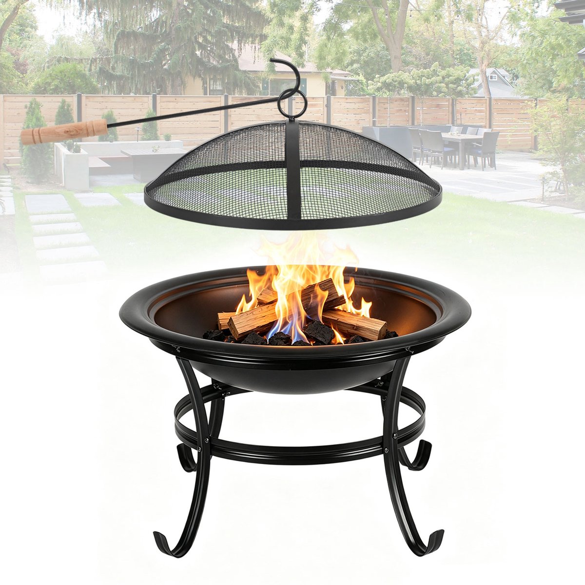 Buiten Vuurschaal 55 cm met Grillfunctie, Vonkenvanger en Vuurpook voor Tuin en Terras