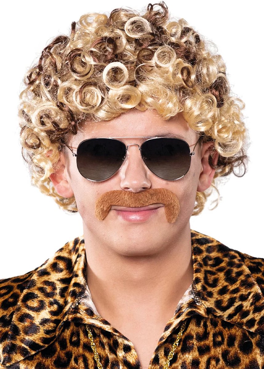 Pruik Disco Krul met Snor