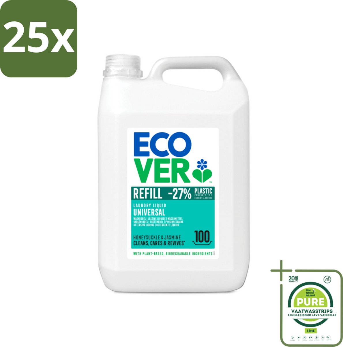 25 x Ecover - Vloeibaar wasmiddel - Universeel - Kamperfoelie & Jasmijn - 5 liter - 100 wasbeurten - Grootverpakking - Wasmiddel - Biologisch Wasmiddel - Plantaardig Wasmiddel - Vlekkenverwijderaar - Wasmiddel Kamperfoelie