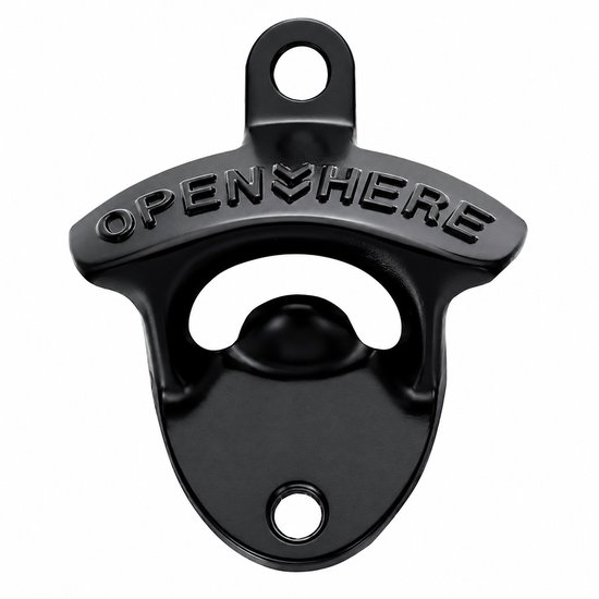Zwarte metalen bieropener met "OPEN HERE" tekst, opengewerkte rand en schroefgaten.