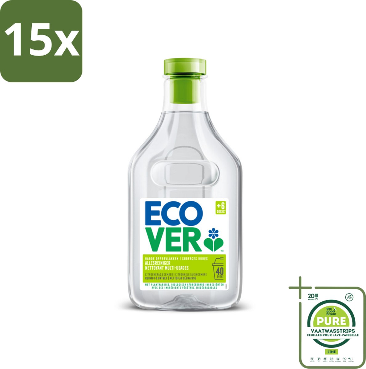 15 x Ecover - Allesreiniger - Citroengras & Gember - 1 liter - Grootverpakking - Allesreiniger - Citroengras - Gember - Biologisch Afbreekbaar - Plantaardige Reiniging