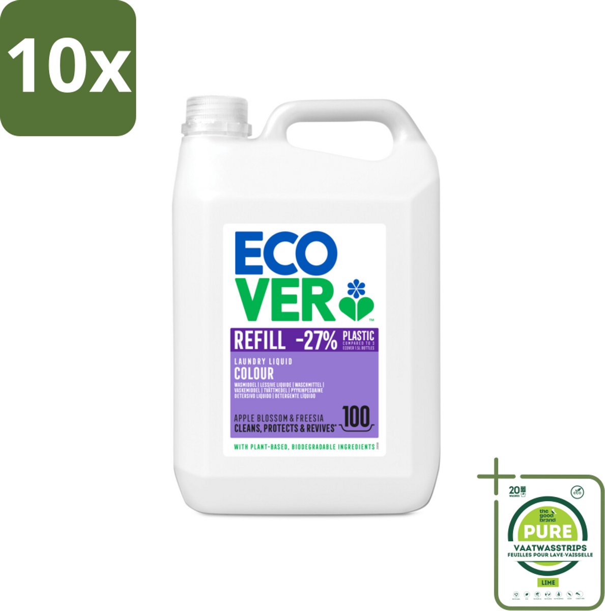 10 x Ecover - Vloeibaar wasmiddel - Color - Appelbloesem & Freesia - 5 liter - 100 wasbeurten - Grootverpakking - Wasmiddel - Vloeibaar Wasmiddel - Biologisch Wasmiddel - Plantaardig Wasmiddel - Wasmiddel Kleur