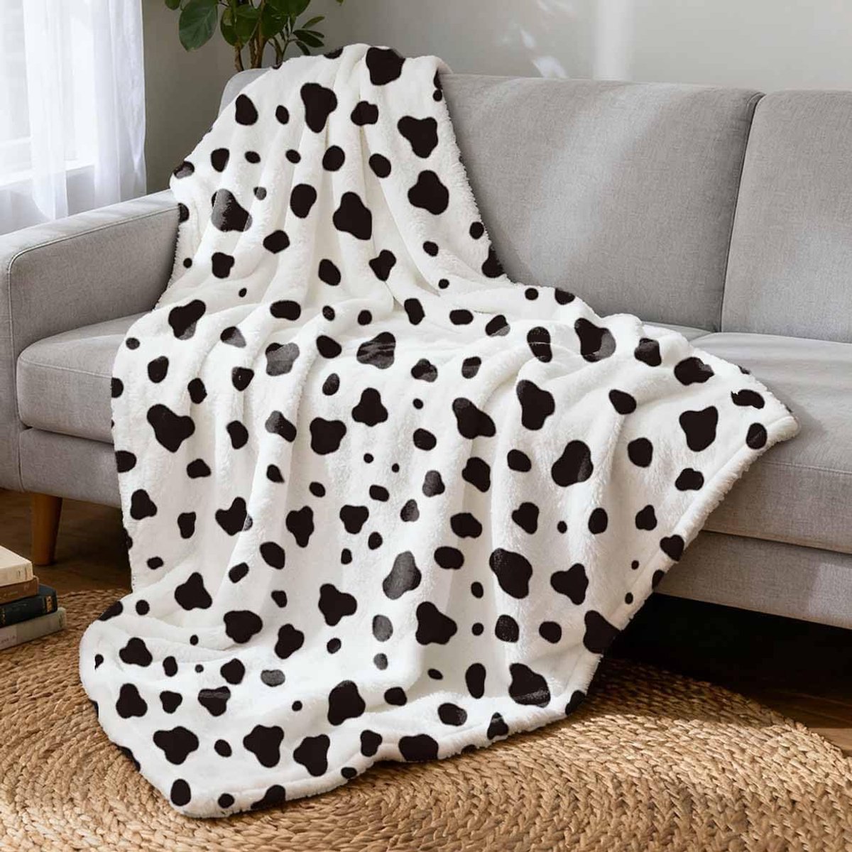 SnelShoppen - Zachte Dikke Fleece Deken Koeienprint Onregelmatig Patroon - Warme Decoratieve Donzige Deken voor Bank - 150 cm - Zwart Wit - Ideaal voo