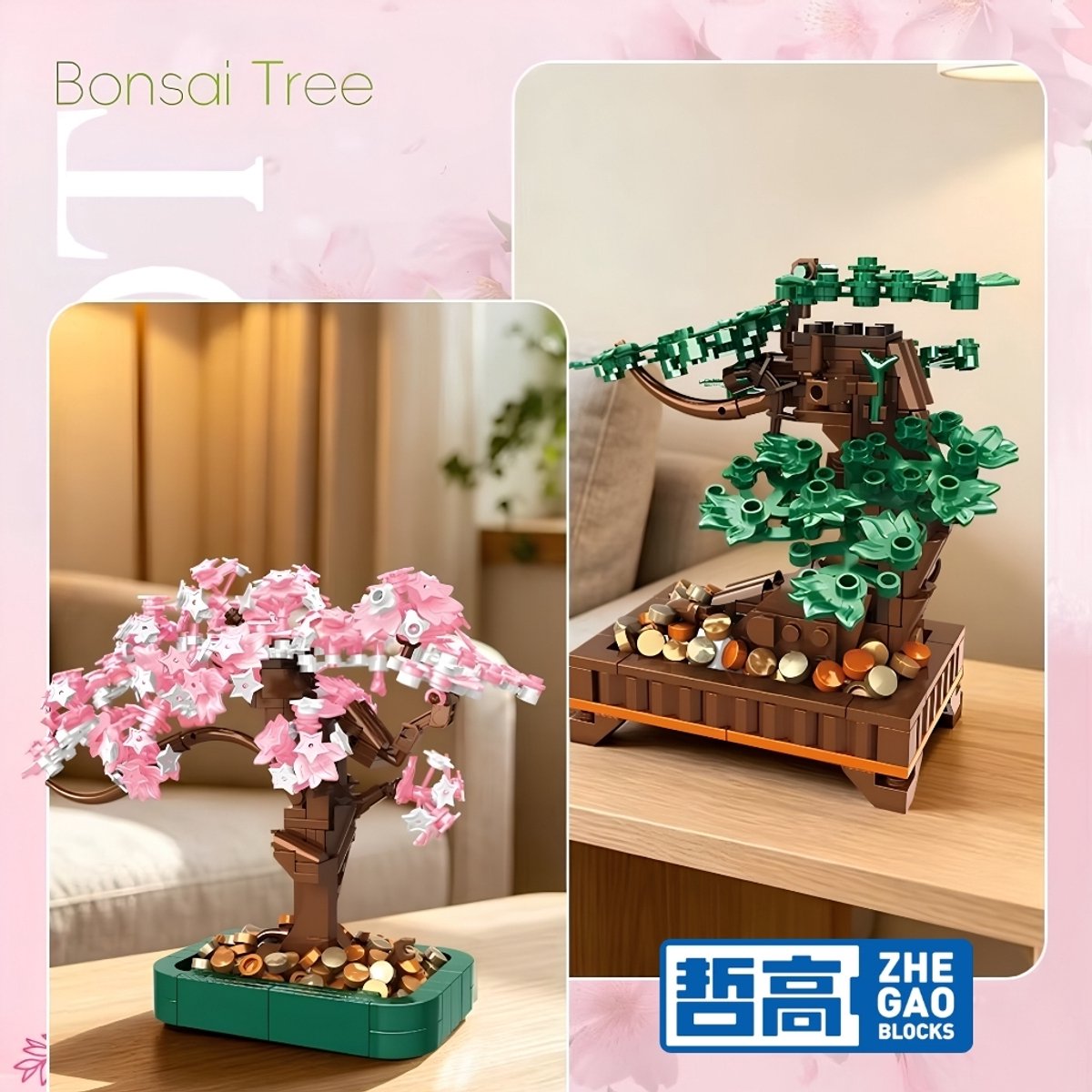 Zhe Gao 99138 Japanse 3 in 1 bloemen plantje bouwset | Botanical Bonsai | Sakura Flowers Collection | Classic Creator STEM speelgoed bouwpakket voor volwassenen en kinderen | Decoratie modelbouw niet geschikt voor lego | Bouwdoos met 700 bouwstenen — afbeelding 8