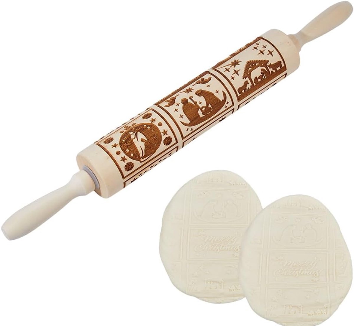SnelShoppen - Houten Kerst Deegroller met Gegraveerde Motieven 41,5cm voor Bakken, Kerstdecoratie, Cookies, Deeg en Gebak