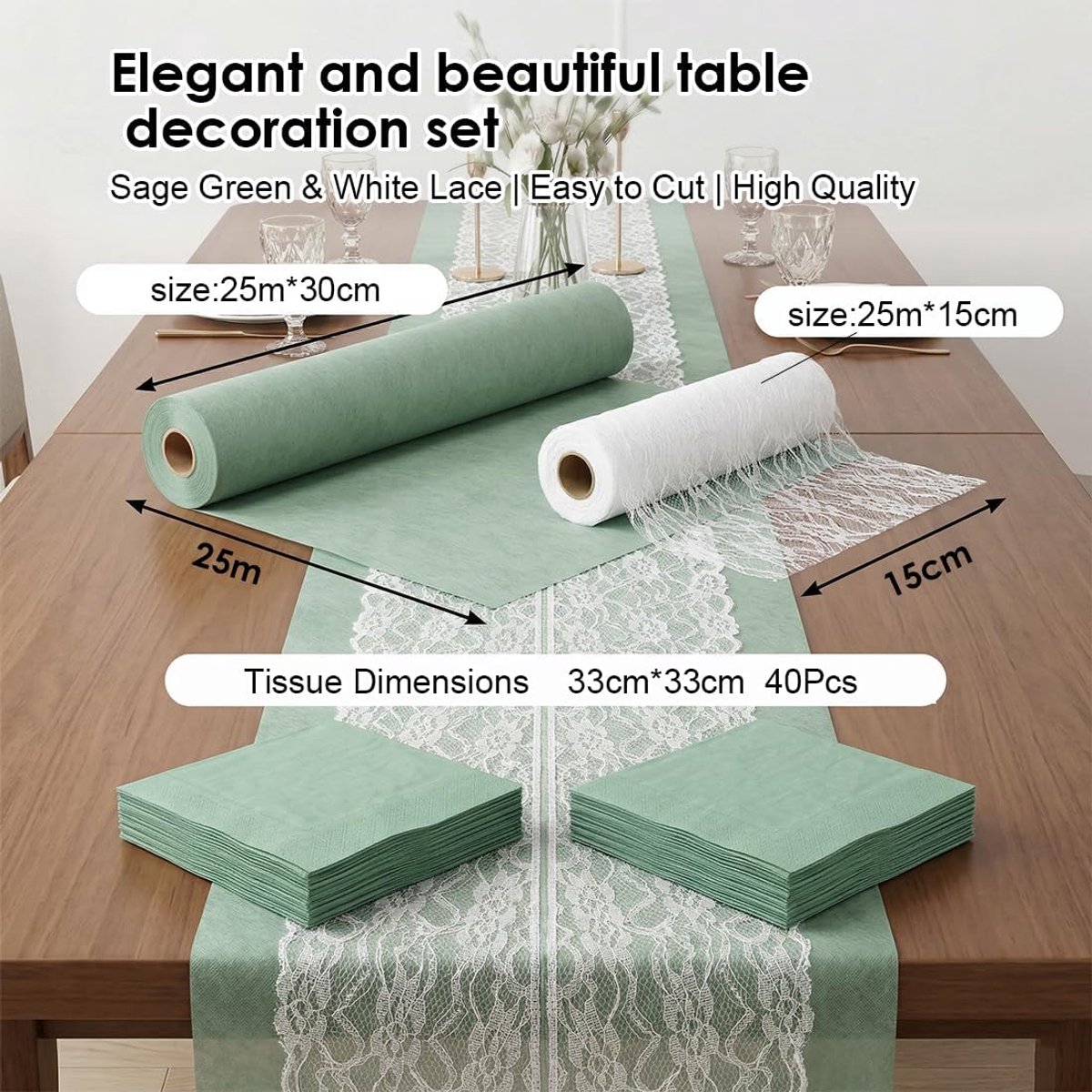 Tafelloper fleece eucalyptus groen wit - met kant en servetten - voor stijlvolle feesten - ShopVlot