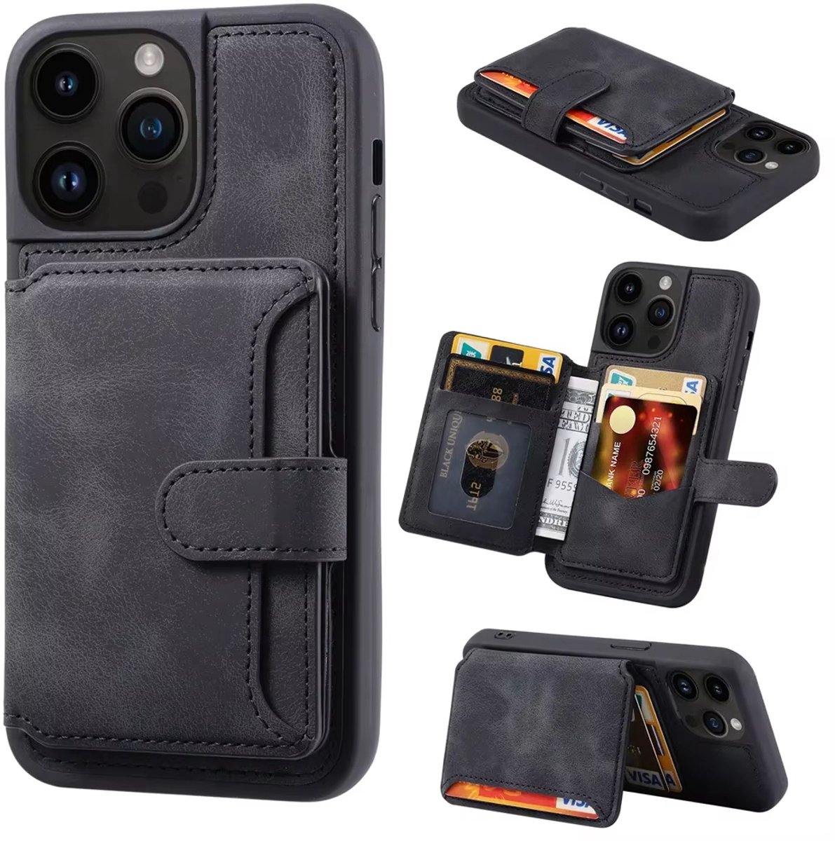 Luxe Lederen Telefoonhoesje met Kaarthouder - Geschikt voor iPhone 15 Plus - Anti-Diefstal Portemonnee Hoes - Schokbestendige Achterkant - Zwart