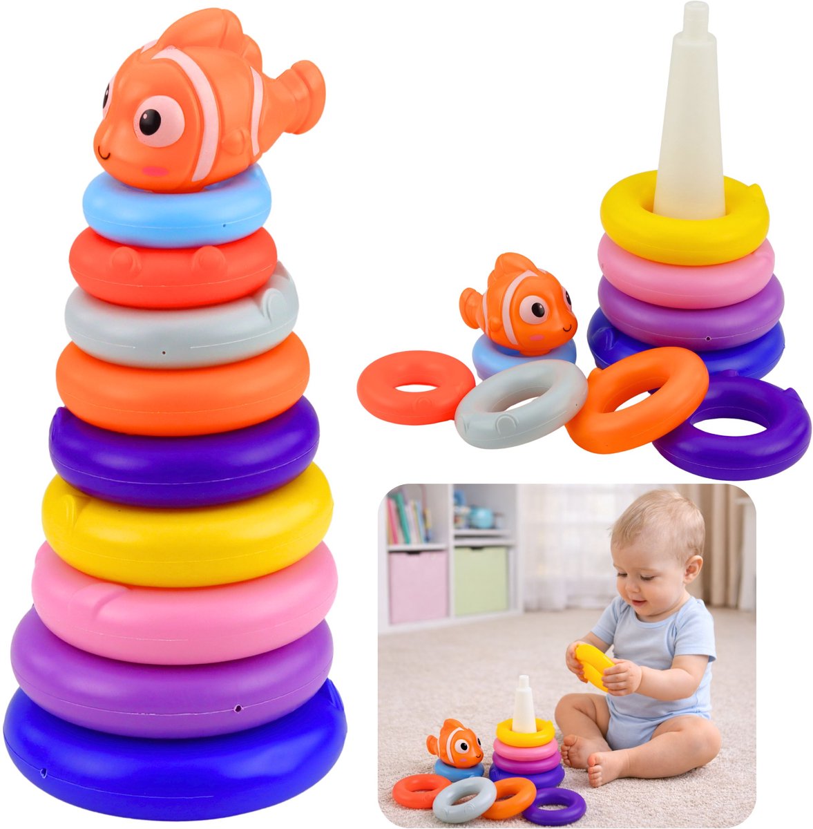Educatieve piramidepuzzel met kleurrijke cirkels Vissen 10 stuks.