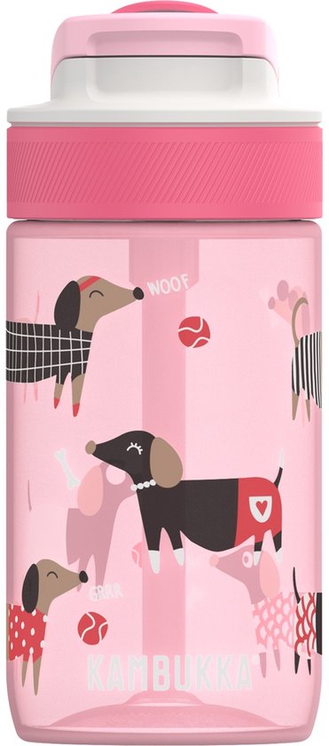 Bouteille rose avec imprimé ludique de chiens, couvercle rose et paille blanche. Texte 'WOOF' et 'GNAF'.