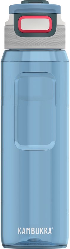 Bouteille d'eau Kambukka bleue de 1L avec une fenêtre transparente et un couvercle gris avec des accents rouges et blancs.