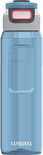 Bouteille d'eau Kambukka bleue de 1L avec une fenêtre transparente et un couvercle gris avec des accents rouges et blancs.