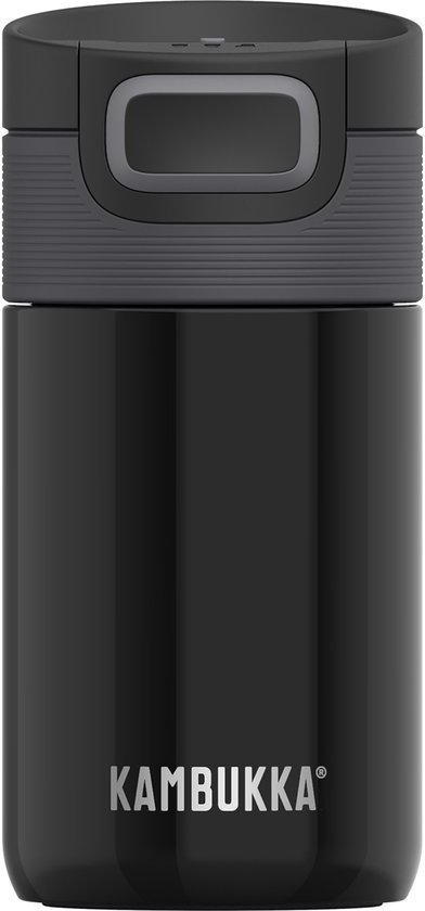 Thermos Kambukka noir avec un couvercle gris à bouton-poussoir. Le gobelet fait 300 ml.