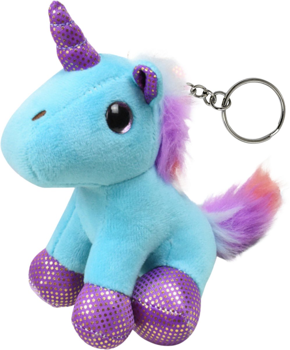 Pluche Eenhoorn Sleutelhanger Metalen Ring Blauw 12cm