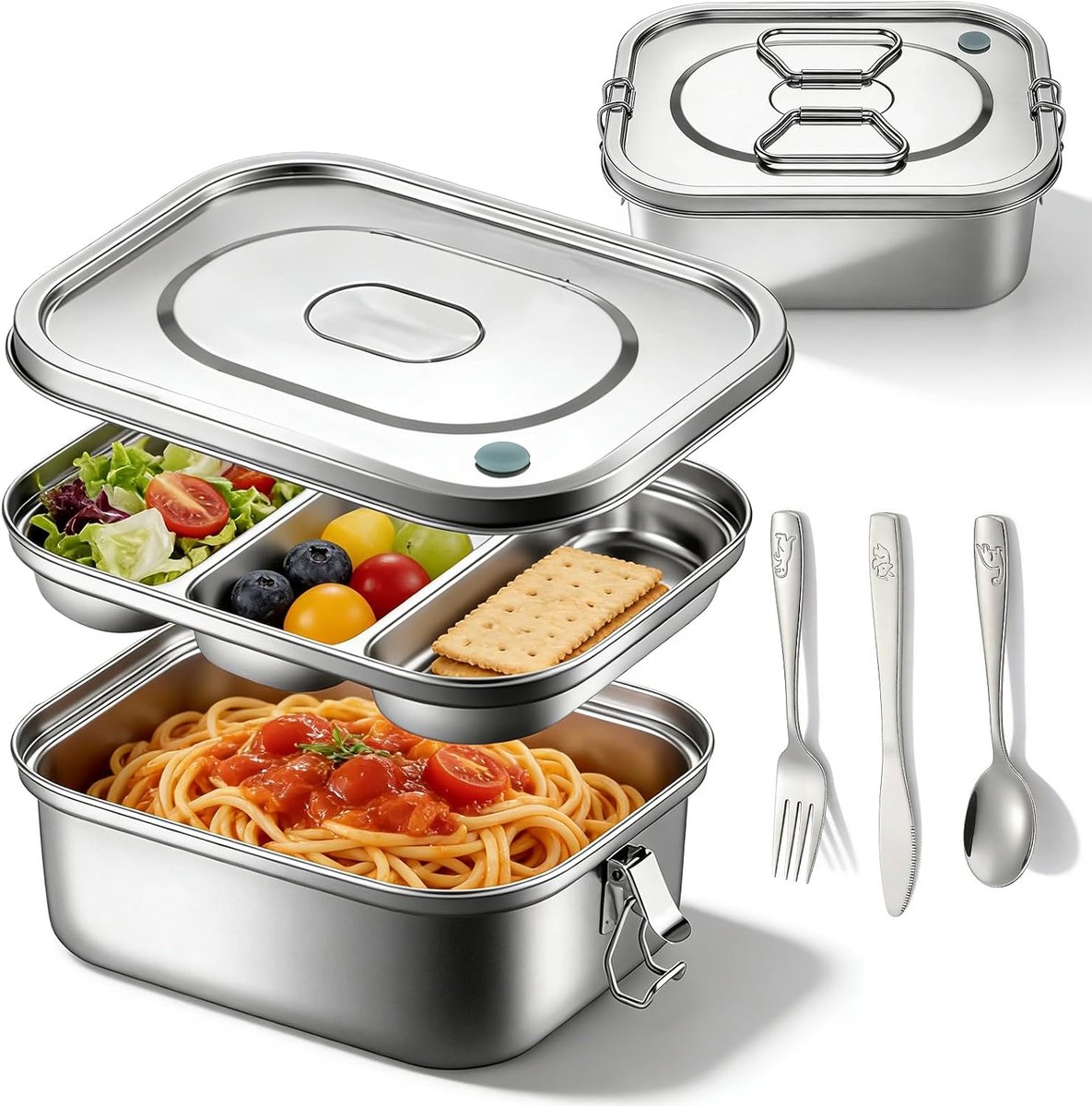 Lunchbox 1800 ml - roestvrijstaal - dubbele broodtrommel met bestek - lekvrije Bento Box voor kantoor - ShopVlot