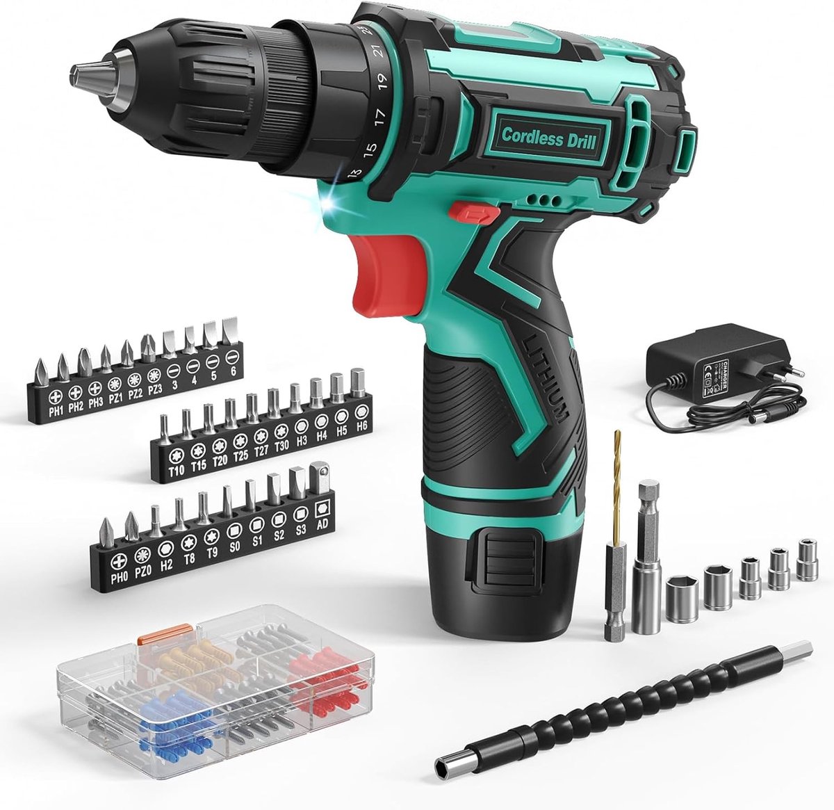 Draadloze Schroevendraaier met 2000 mAh Batterij, 25 N.m Koppel, 98 Accessoires en LED Verlichting voor Thuisreparaties en Klussen