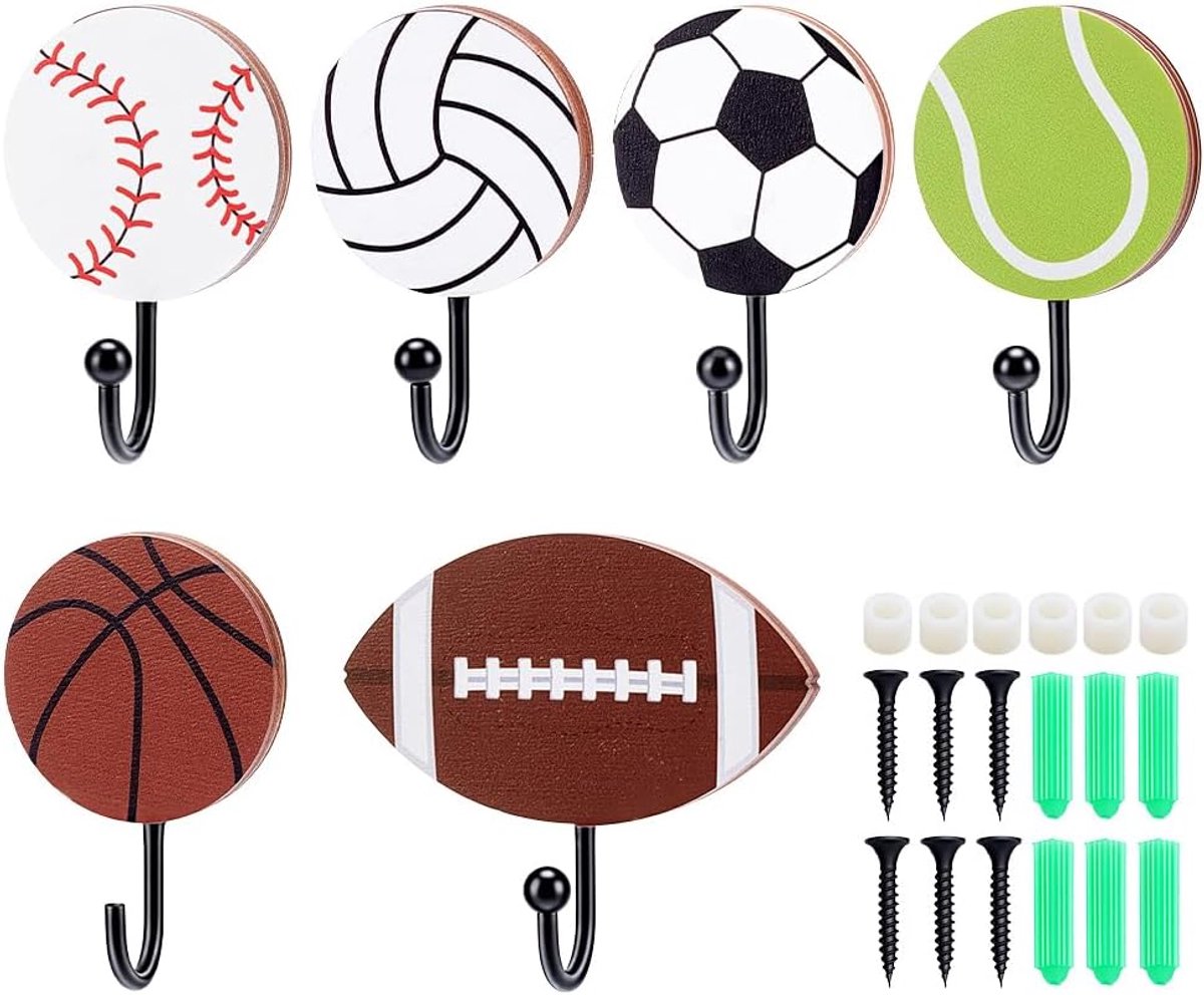 SnelShoppen - 6 Houten Haken voor Sportballen - Kledinghaken voor Rugby, Honkbal, Voetbal, Basketbal en Tennis - Inclusief Schroeven voor Eenvoudige I