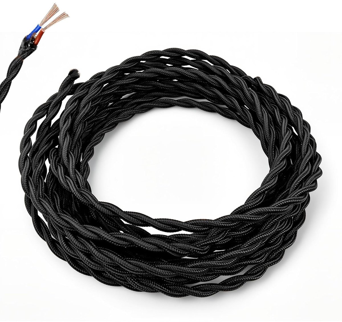 SnelShoppen - 5m Zwart Gedraaid IJzeren Kabel, 2-Draad (2x0.75mm²) 100% Koper Textiel Kabel, VDE Gecertificeerde Gevlochten Flexibele Kabel voor DIY H