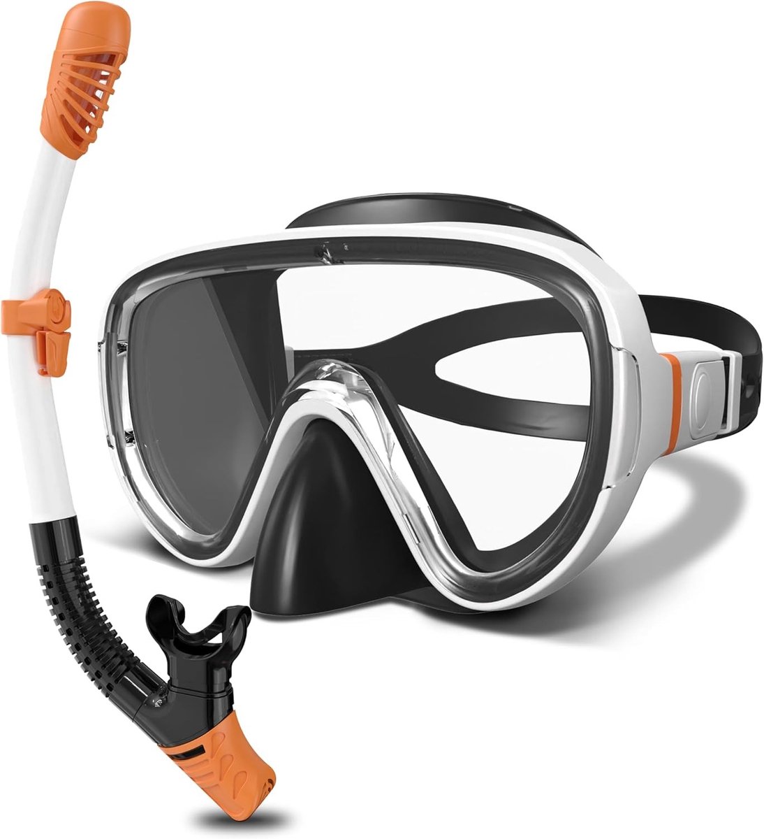 Snorkelset - Wit-Oranje - Eenheidsmaat - Duikbril met Geharde Glazen Lenzen - Voor Volwassenen