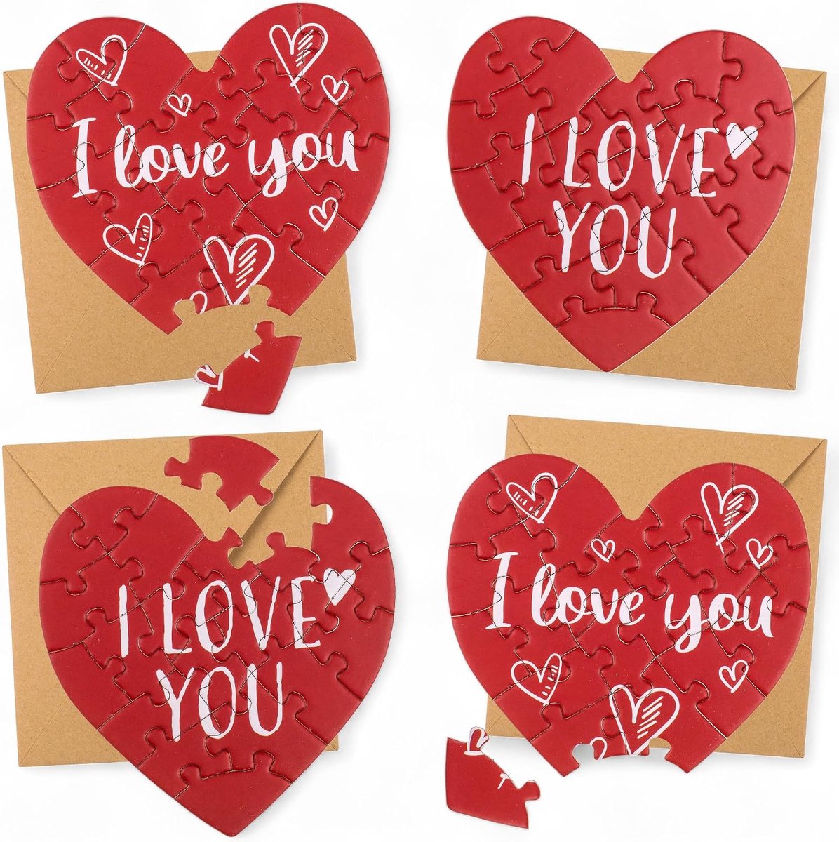 SnelShoppen - MIJOMA Love-Editie Puzzelkaarten Set van 4 met Enveloppen, Hart en Vierkante Kaarten met 20 Stukken, Originele Wenskaarten voor Verjaard