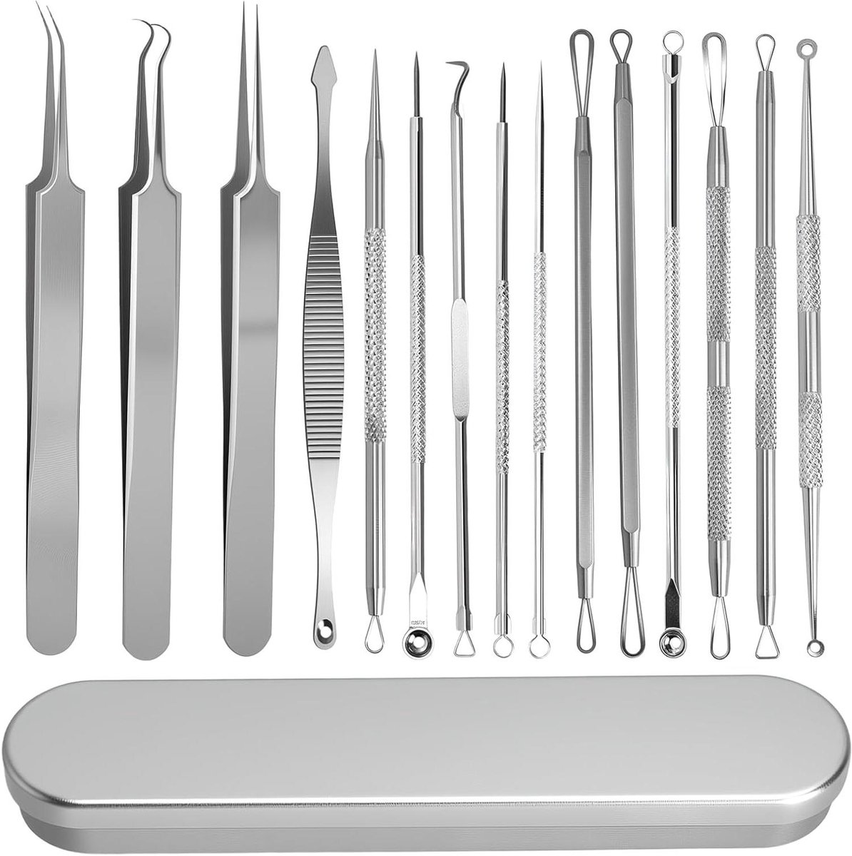 Mee-eterverwijderaar set - Puistjesgereedschap huid - Gezichtsverzorging thuis - 15-delig roestvrij staal - Met opbergdoos - Zilver