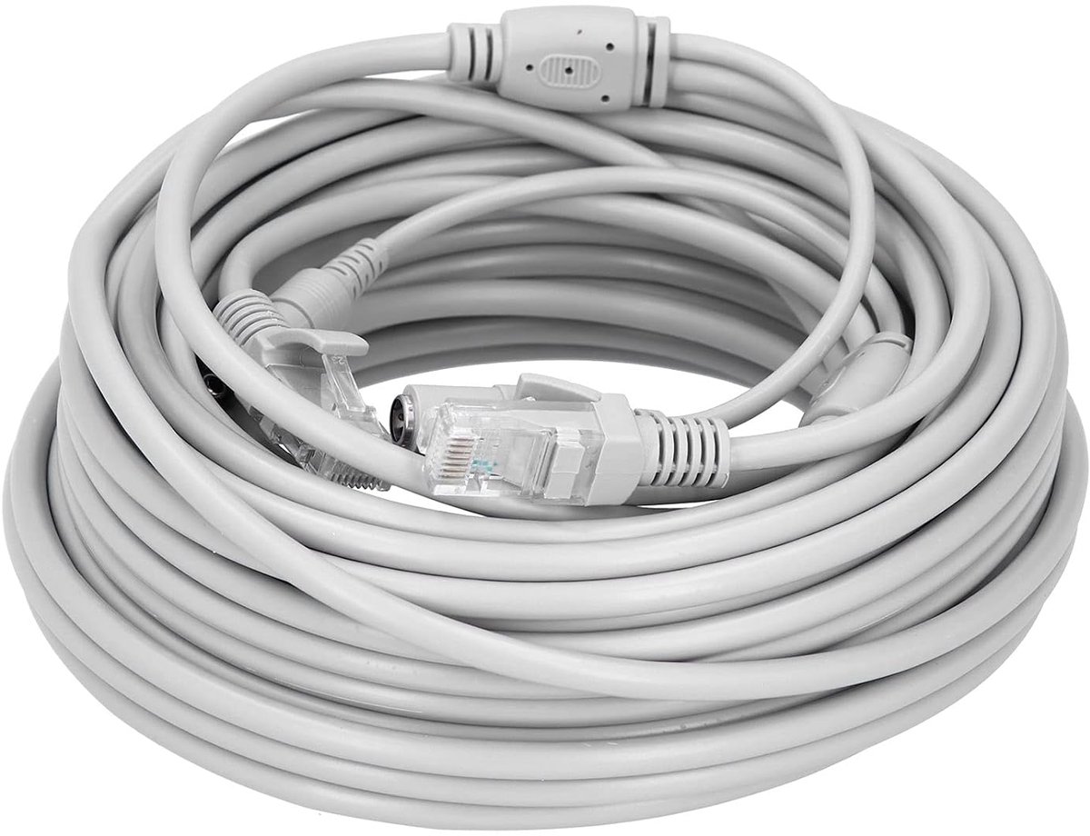 SnelShoppen - 20m ABS Ethernet Kabel Netwerk Voeding 2-in-1 Kabel Voor IP Camera, NVR, CCTV Systeem, Stabiele Prestatie, Goud Geplateerde Connector