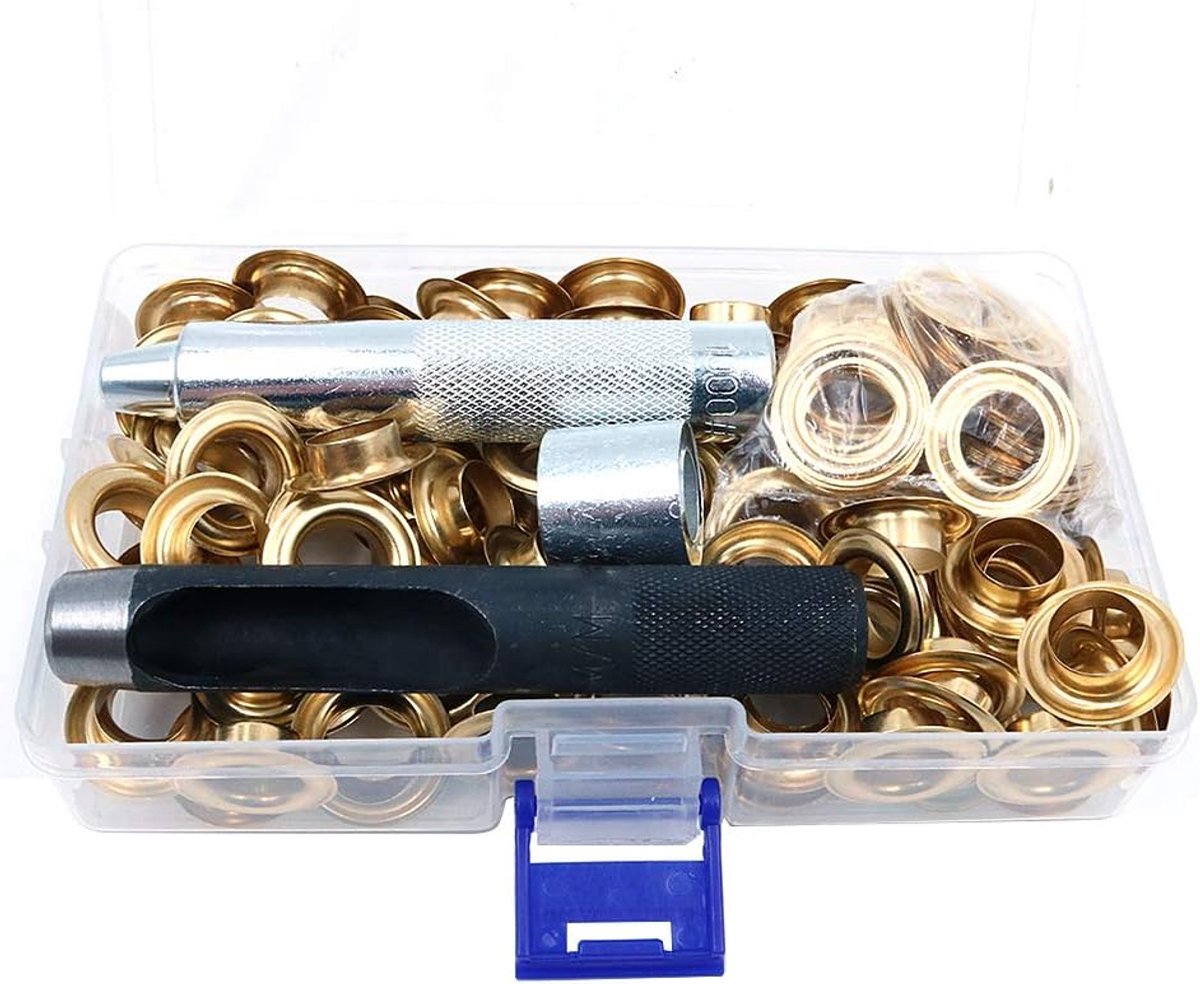 Grommetset 100 Stuks - Gouden Oogjes 12mm - Inclusief Gereedschap en Opbergdoos - Ideaal voor Reparaties - ShopVlot