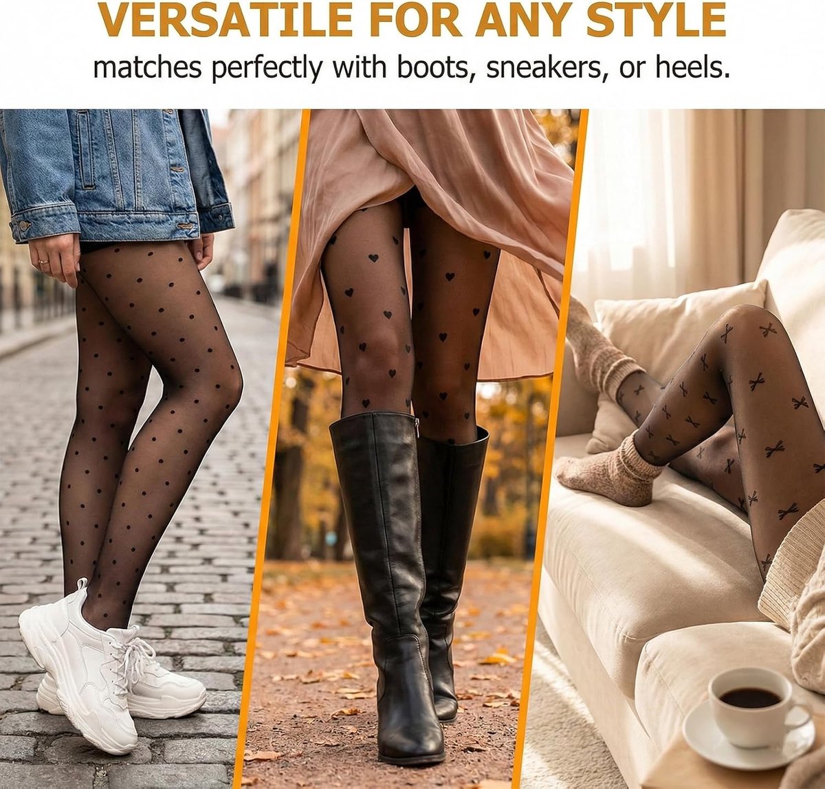 SnelShoppen - Dames Patroon Panty set van 3 Stuks - Hoge Taille Zwart - Dots, Harten en Strikken - Nylon Tights voor Werk, Feest en Dagelijks Gebruik