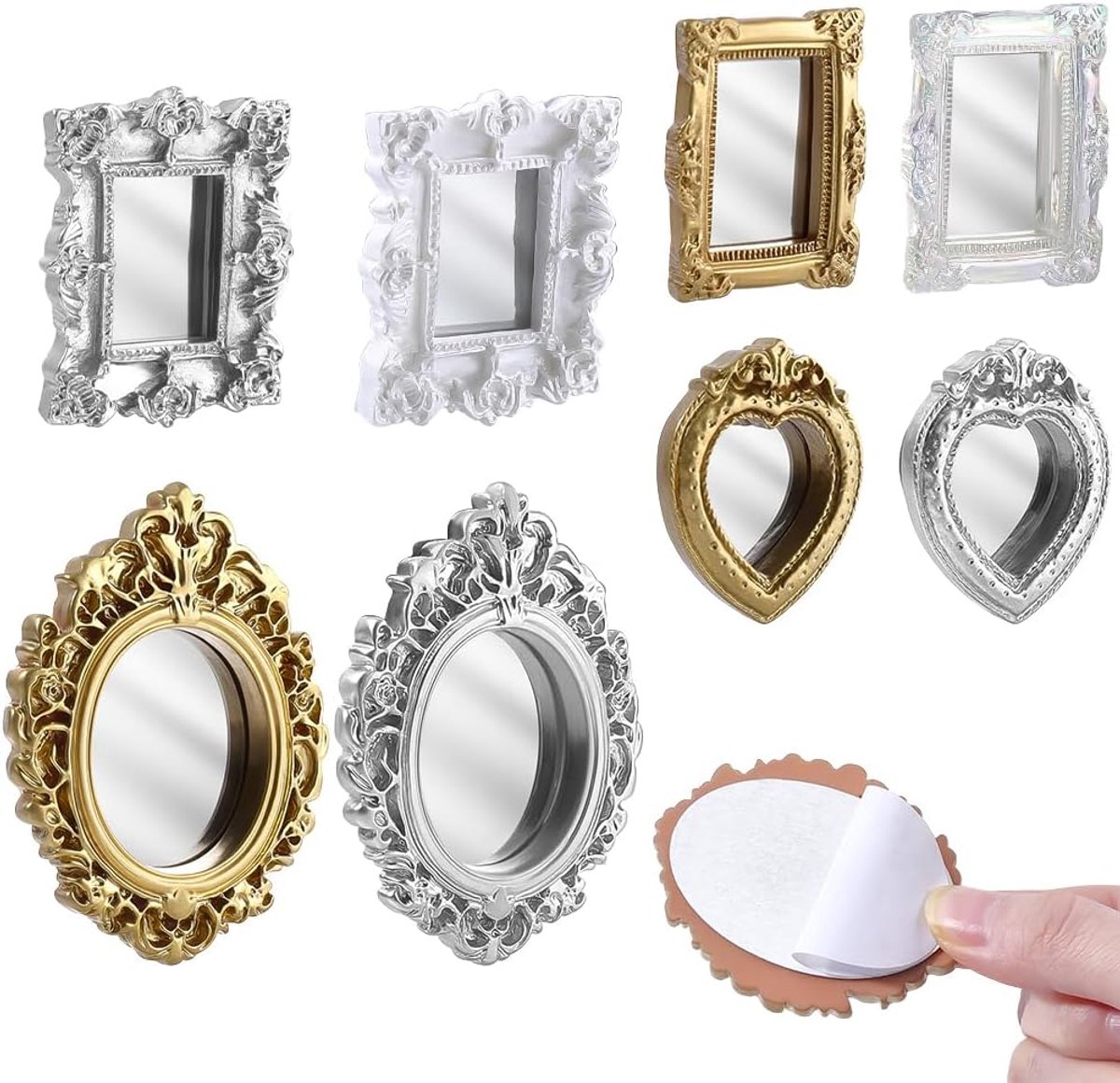 SnelShoppen - 8-delige miniatuurspiegels Zelfklevend voor Poppenhuizen - Goud, Zilver en Vintage Wit - Kleine Spiegels in Diverse Vormen en Maten - Pe