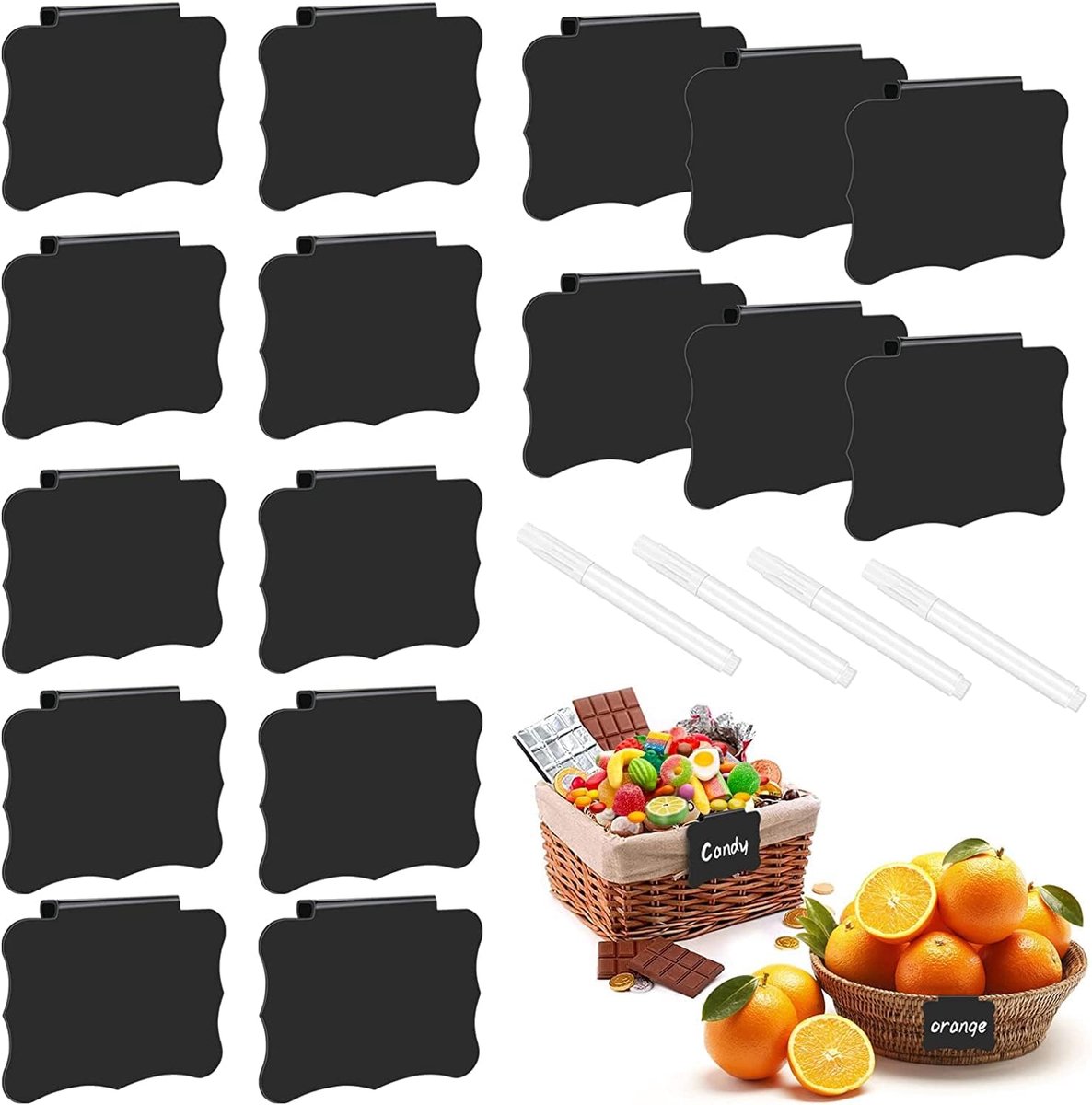 SnelShoppen - 16 Stuks PVC Opbergmand Labels met 4 Witte Krijtmarkers, Verwijderbare Clip Labels voor Keuken, Hangende Labelhouders voor Opslagmanden