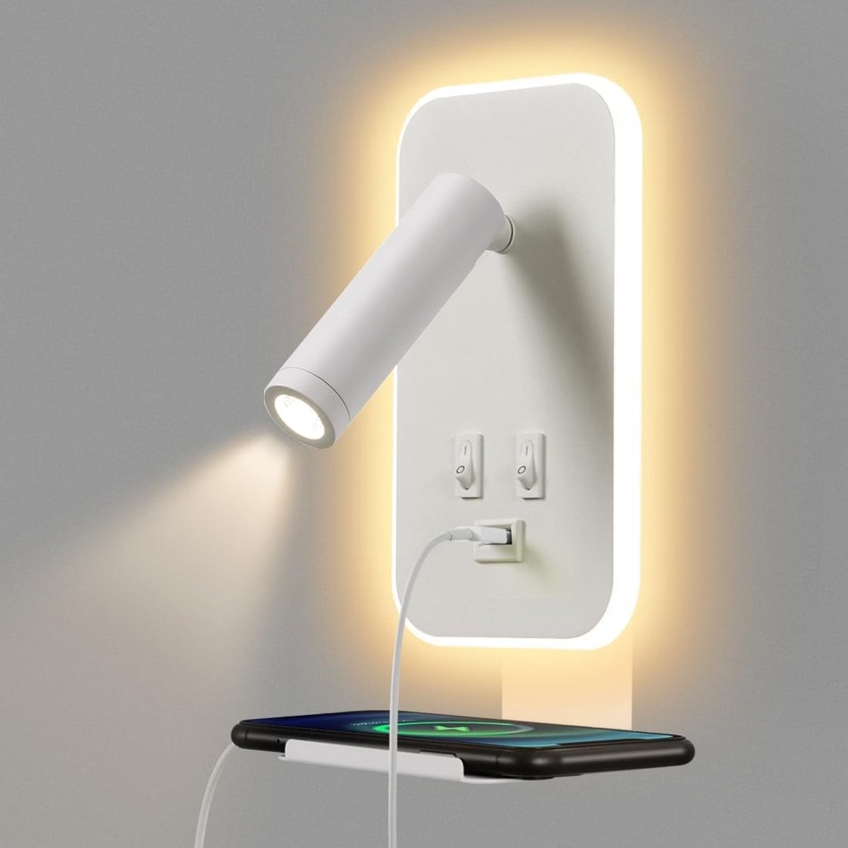 LED-wandlamp met USB-oplader - Wit - Verstelbare leeslamp met schakelaar - Voor Slaapkamer of Hotel