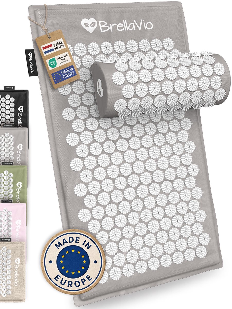 BrellaVio Spijkermat Set met Spijkerkussen - Grijs - 74x44 cm - Acupressuur Mat - Spijkerbed - Acupunctuur Kussen - Shakti Massage