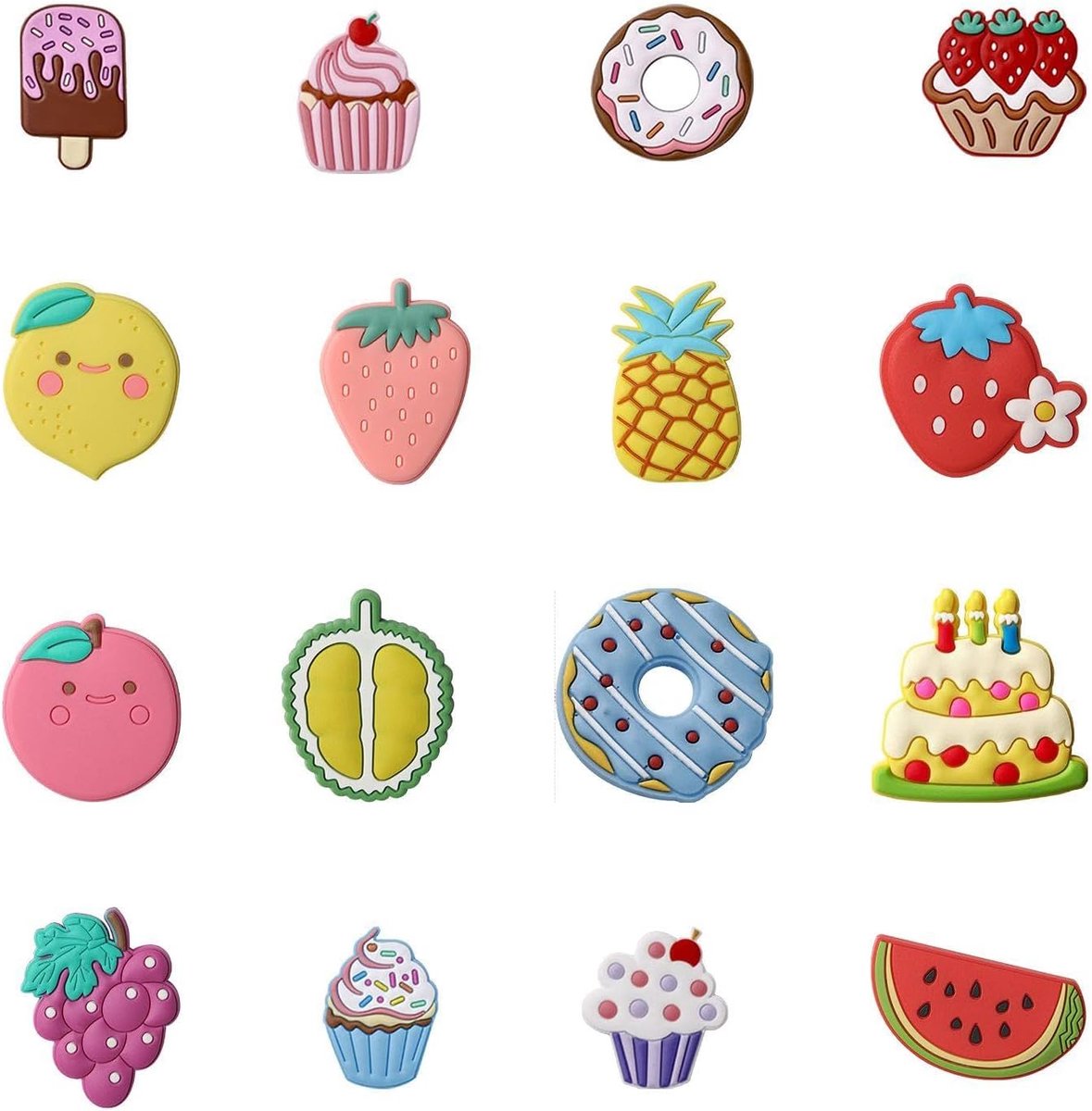 SnelShoppen - 16 Koelkastmagneten Fruit en Desserts, Cartoon Magneten, Decoratieve Stickers voor Koelkast, Kunststof, Multikleur, Leuk voor Keuken en