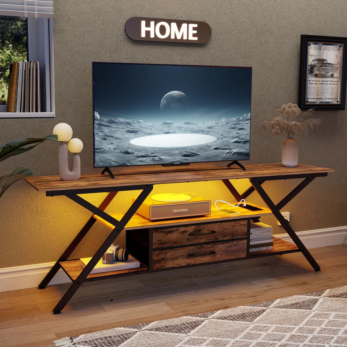 SnelShoppen - Rustieke tv-kast tot 55 inch tv-console met laadstation, ledlicht, 2 opbergingen, stoffen laden, tv-rek voor slaapkamer en woonkamer