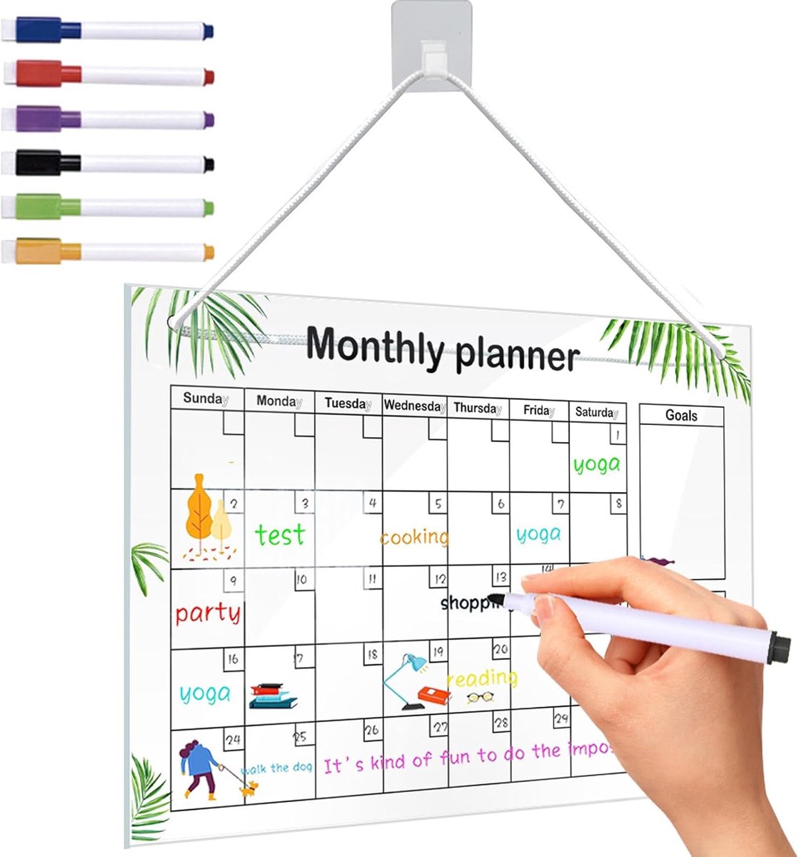 SnelShoppen - Hangend Acryl Uitwisbaar Berichtenbord Maandelijkse Wekelijkse Planner Pad, 30x20cm, 6 Kleurige Magnetische Droogwispen, Voor Werk, Scho