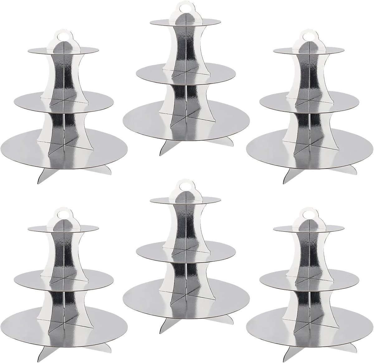 SnelShoppen - 6 Pack 3 Laags Cardboard Cake Stand, Ronde Kartonnen Cupcake Toren Houder, Zilveren Cupcake Display Stand voor Verjaardagsfeest, Kerstfe