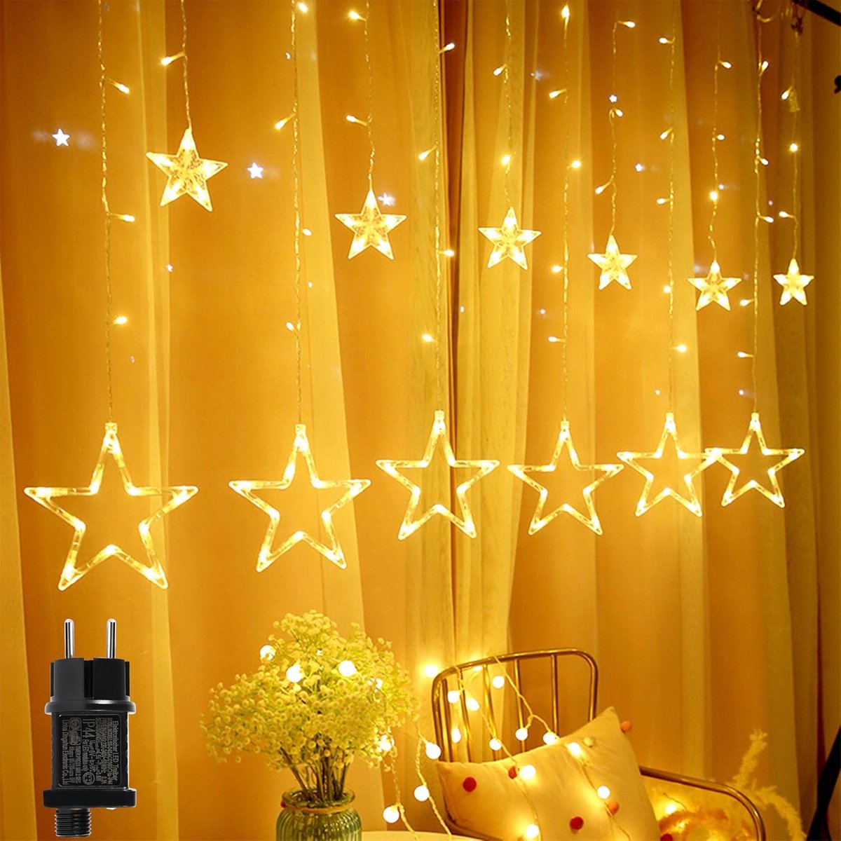 SnelShoppen - 12 LED Ster Fairy Lights 138 LED Kerstverlichting Binnen Verlichting Gordijn met Timer 31V Warm Wit 8 Modi Waterdichte Buiten Decoratie