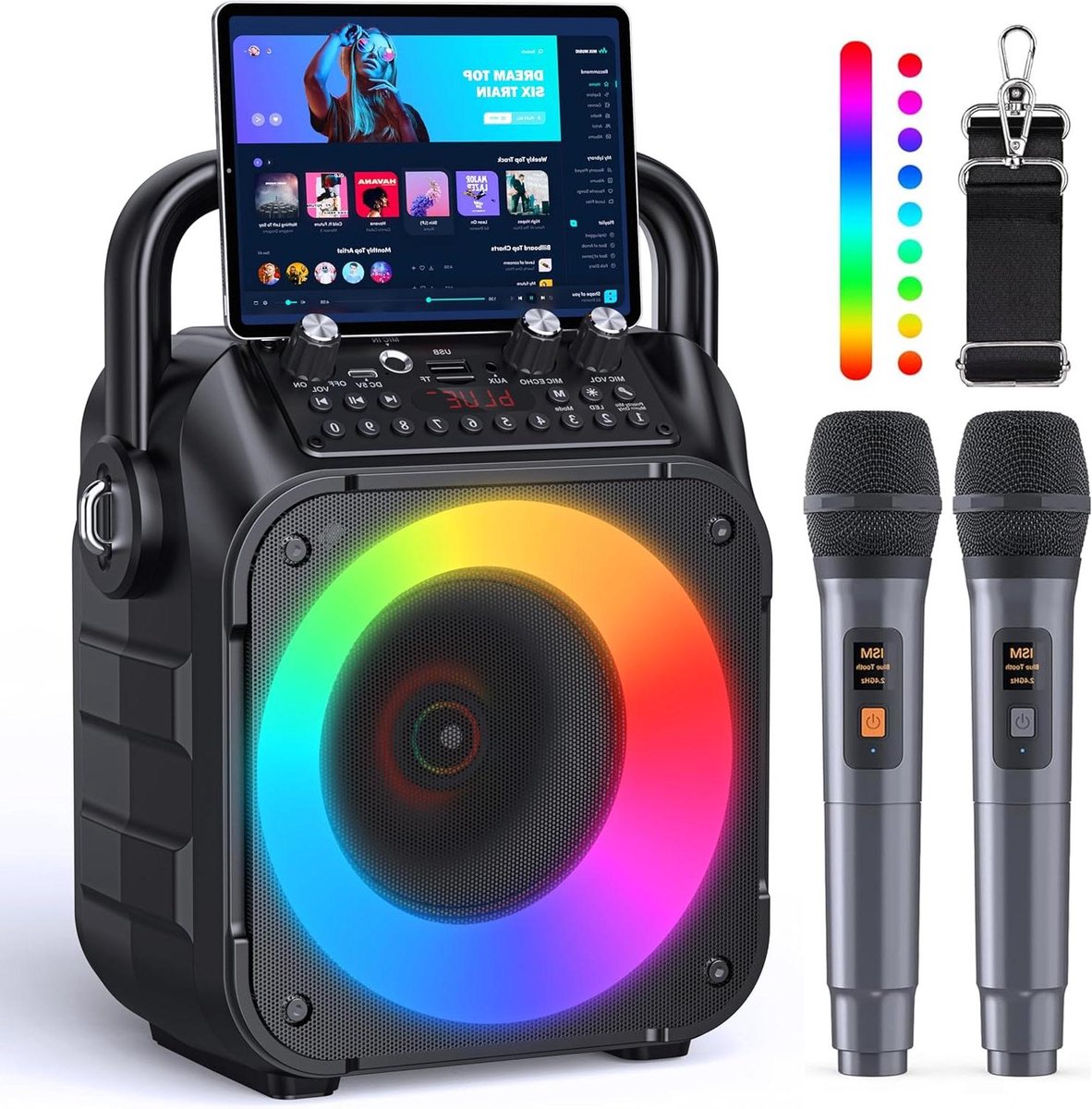Karaoke Machine - Draagbare Speaker - Feestelijke Muziek - Inclusief Microfoons - 15 Watt - Zwart