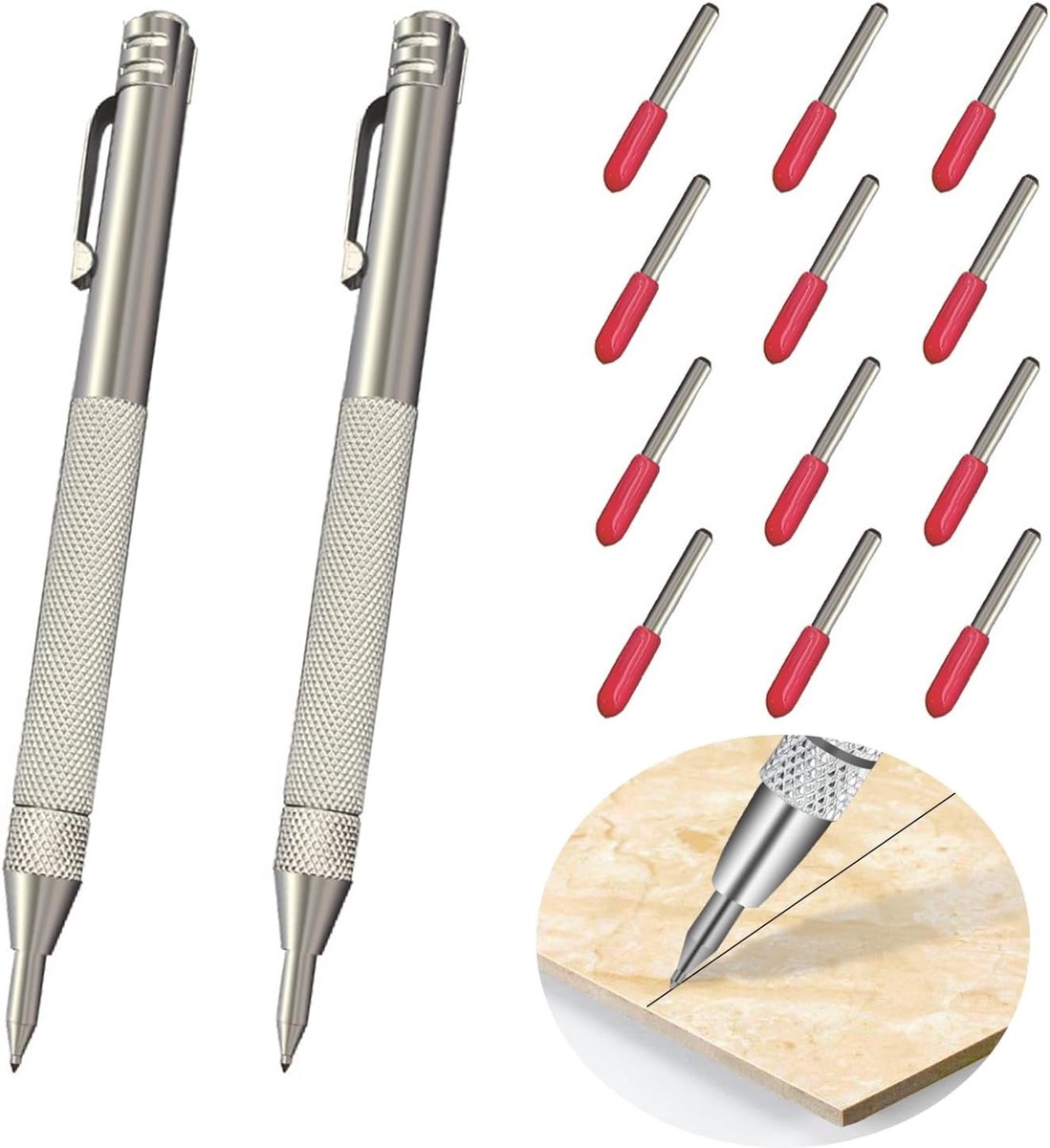 SnelShoppen - 2 stuks tungsten carbide tip scriber met 12 vervangpunten, aluminium magnetische gravurepen met clip, metaalgraveerpen voor glas, kerami